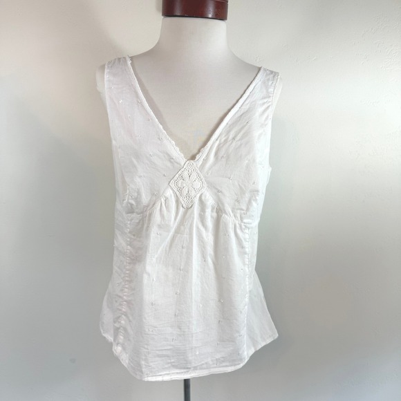 The Limited Tops - The Limited White Crochet Lace Sequin Tank Top V-Neck Cotton Cottage Coastal M